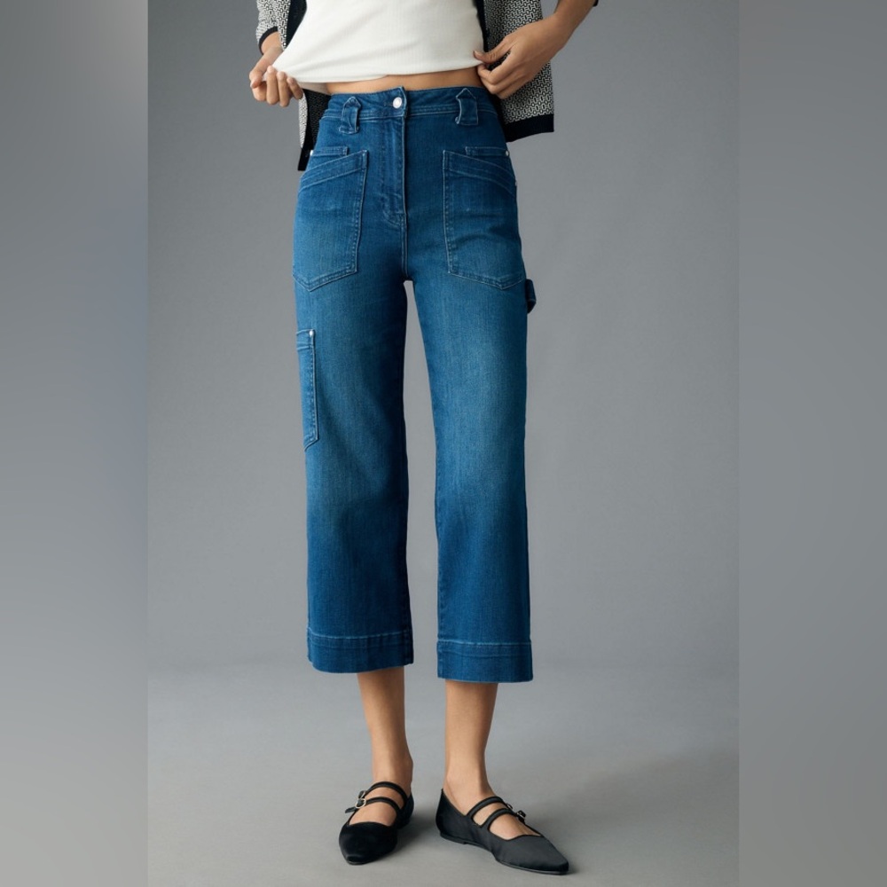 Anthropologie Cropped Wide-Leg Utility Jeans in Medium Blue